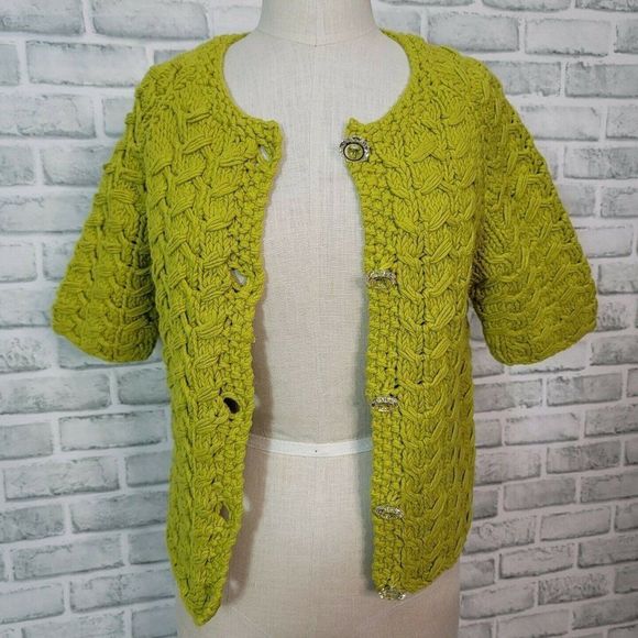 CHAUS S Avocado Green Chunky Knit Cardigan Sweater S/S Button Front Spring - Picture 2 of 8